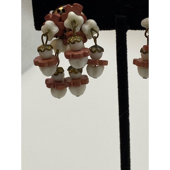 Vintage West Germany Clip-On Earrings W/ White & Red Bead Dangle Flowers Brass A - Picture 3 of 9